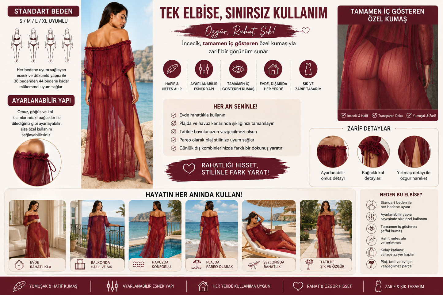 Seksi Transparan Pareo Elbise | Ayarlanabilir Standart Beden
